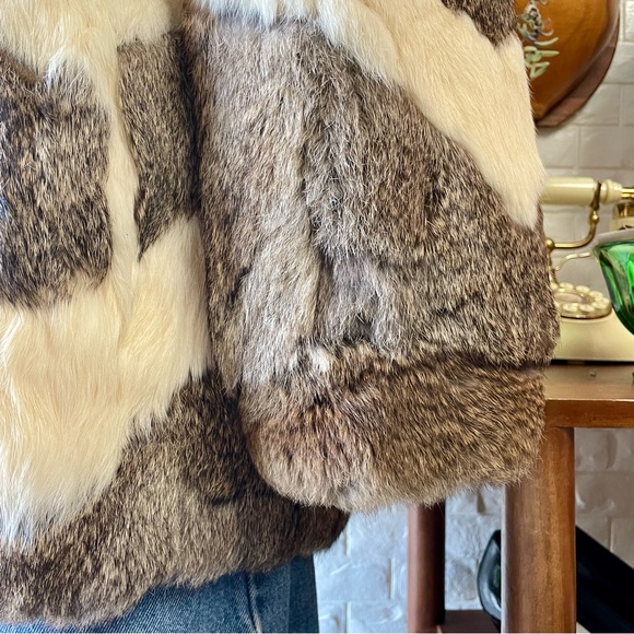 Vintage Parisian Fur 100% Rabbit Fur Coat Cream and Brown Chevron - Picture 8 of 17